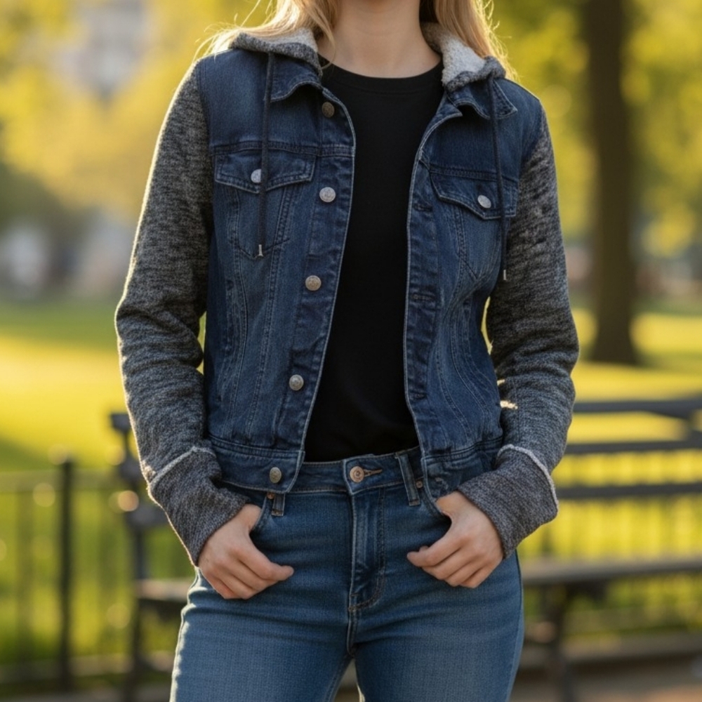 Free People Denim Distressed Hooded Jean /Knit Jacket Women's Size S Grunge